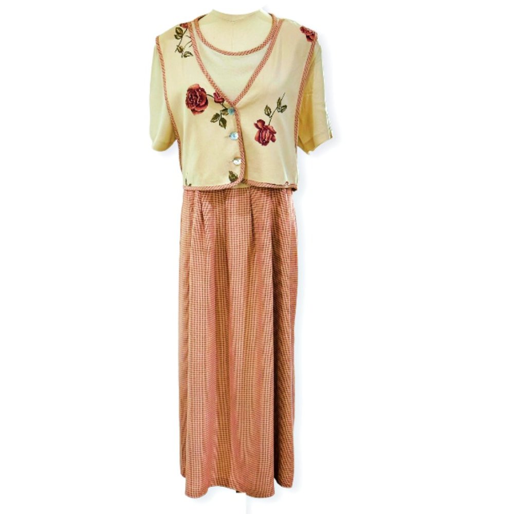 Vintage 90s Cottagecore Ultra Dress Size 16P Dusty Pink Roses Faux Vest Church